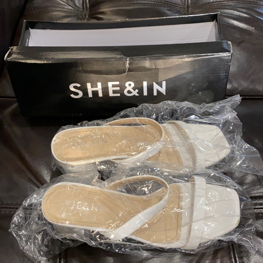 Shein white block heeled sandals white square toe US6